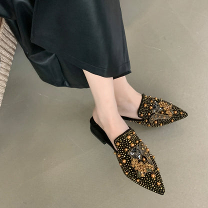 2024 Women Medium Heel Slippers Fashionable Pointed Toe Suede Fox Rhinestone Rivets Thick Heel Shoes for Outerwear Mules