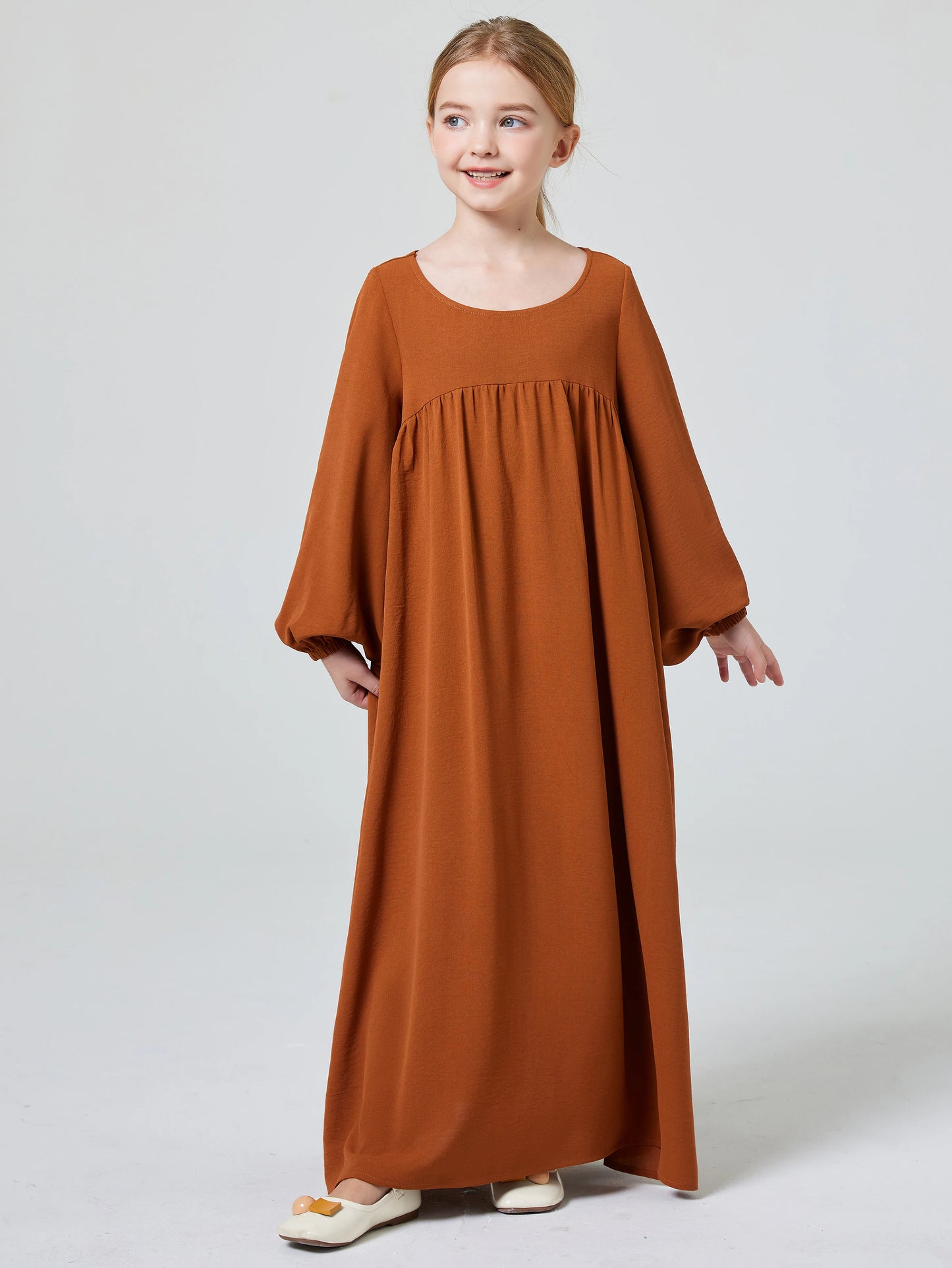 Kids modest Elegant Girl's Solid Crew Neck Long Sleeve  Dress