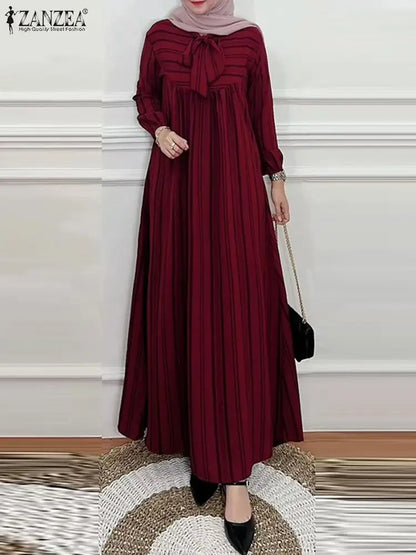 Long Dress Women Fashion Long Sleeve Stripe Sundress