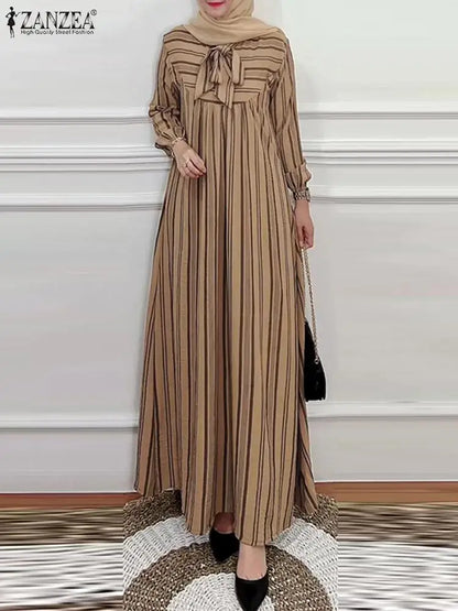 Long Dress Women Fashion Long Sleeve Stripe Sundress