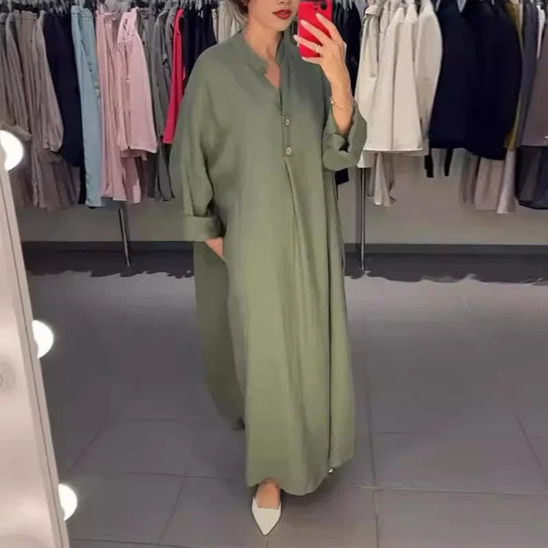 Spring Simple Casual Long Sleeve Loose Basic Dress Ladies Fashion Vestidos A-Line Long Party Dress Solid Color  For Women