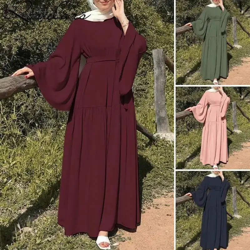 2024 Fashion Leisure Flared Sleeves with Belt Long Dresses  Women