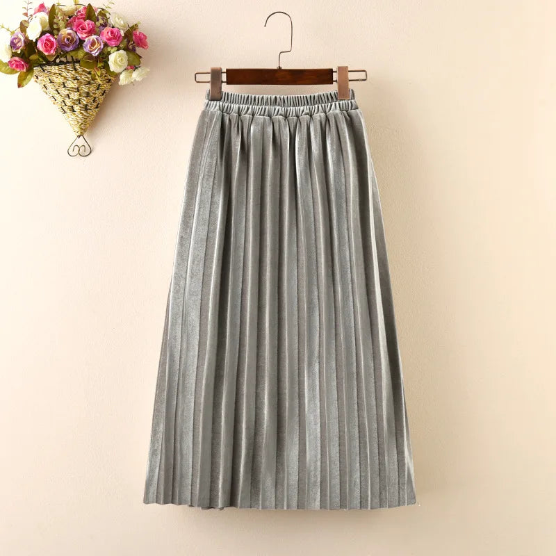 Girls Velvet Pleated Long Skirt Spring Autumn New Children's Cotton Casual Loose Elastic Waist Skirts