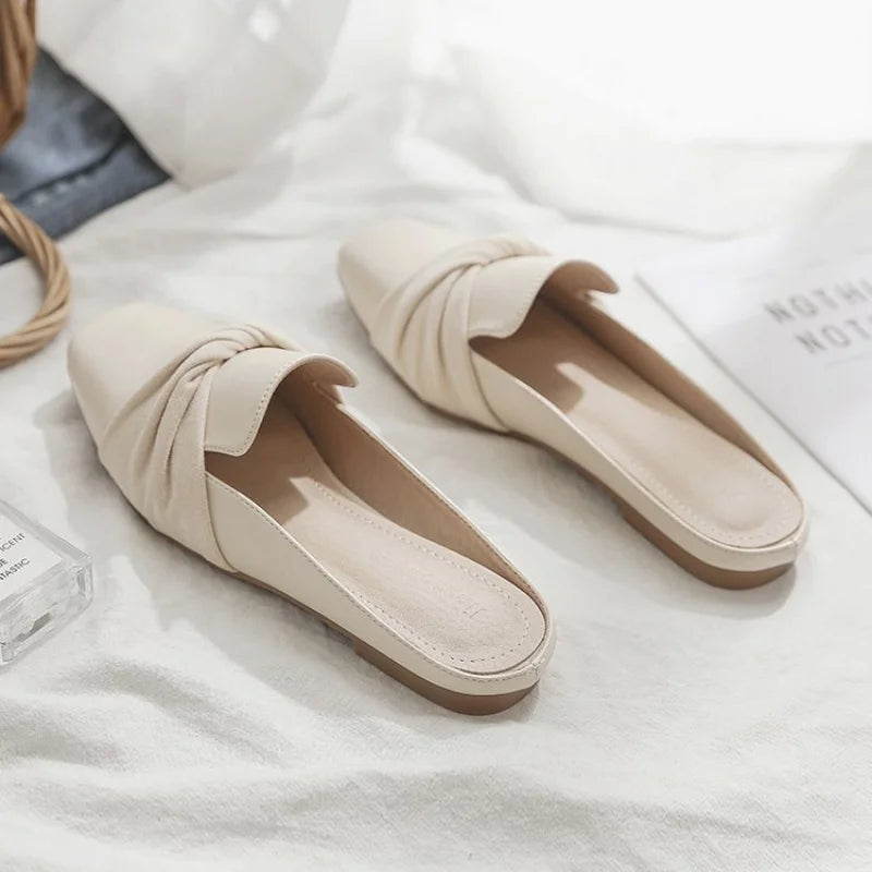 2024 Luxury Woman Mules Summer Close Toe Women Slippers Bowtie Lazy Slides Flat Heel Girl Slippers Korean Outdoor Flip Flops