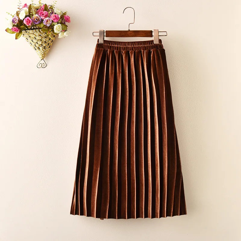 Girls Velvet Pleated Long Skirt Spring Autumn New Children's Cotton Casual Loose Elastic Waist Skirts