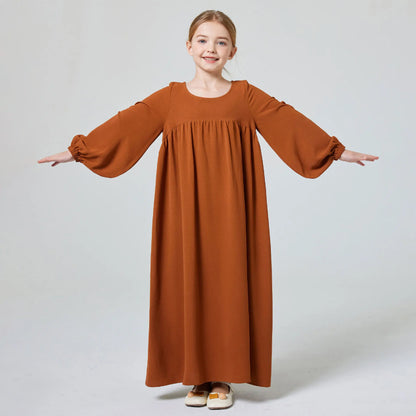 Kids modest Elegant Girl's Solid Crew Neck Long Sleeve  Dress