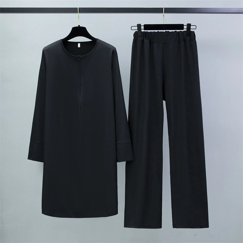 Two Pieces Suits  Clothing Long Chiffon Shirts Pullover Tops and Straight Pants Loose Trousers Women Sets