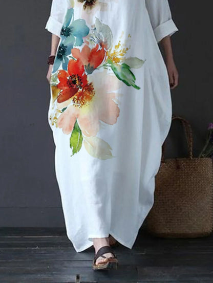 Women Long Maxi Dresses Plus Size White Floral Print Large Loose  Dress Summer New Straight Vestidos Female