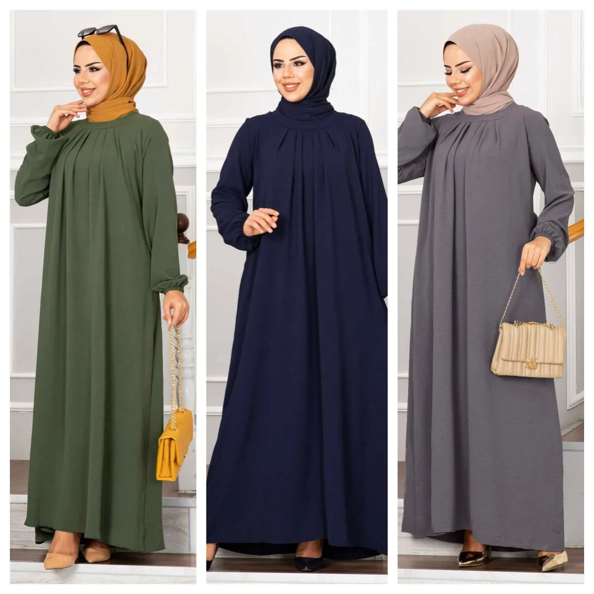 Women Morocco Pleated Party Dresses Dubai Kaftan   Long Robe Solid Abaya Modest wear