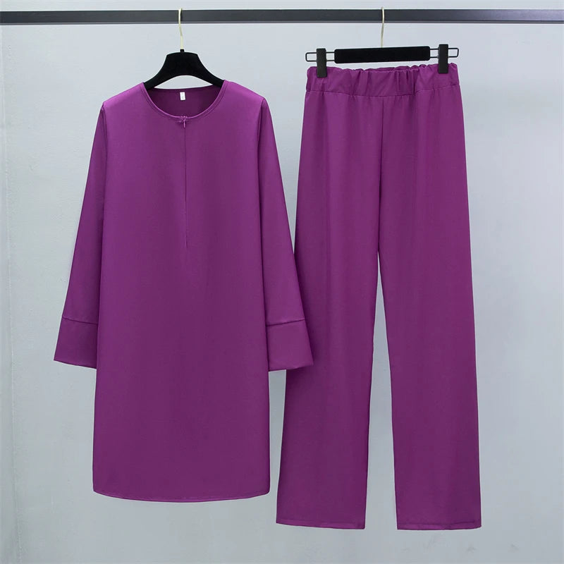 Two Pieces Suits  Clothing Long Chiffon Shirts Pullover Tops and Straight Pants Loose Trousers Women Sets