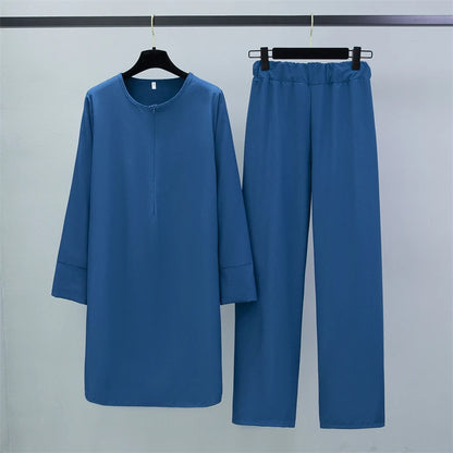 Two Pieces Suits  Clothing Long Chiffon Shirts Pullover Tops and Straight Pants Loose Trousers Women Sets