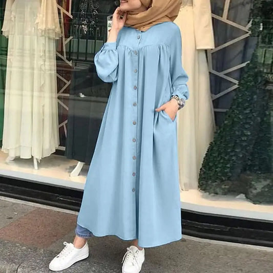 Women's Abaya Robe Abaya Modest Long Sleeve Round Neck Single Breasted Dresses  Casual Loose Long Dress