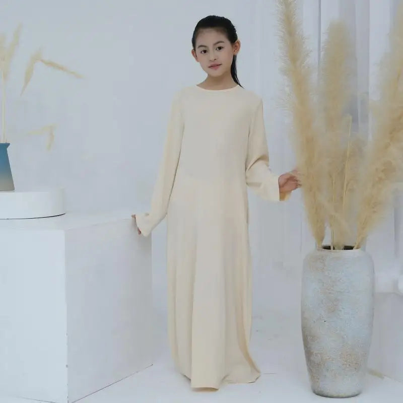 Children Long Sleeves Plain Color Dress  Round Neck Clothing Modest