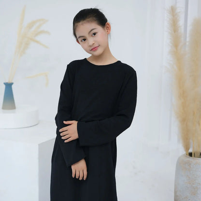 Children Long Sleeves Plain Color Dress  Round Neck Clothing Modest