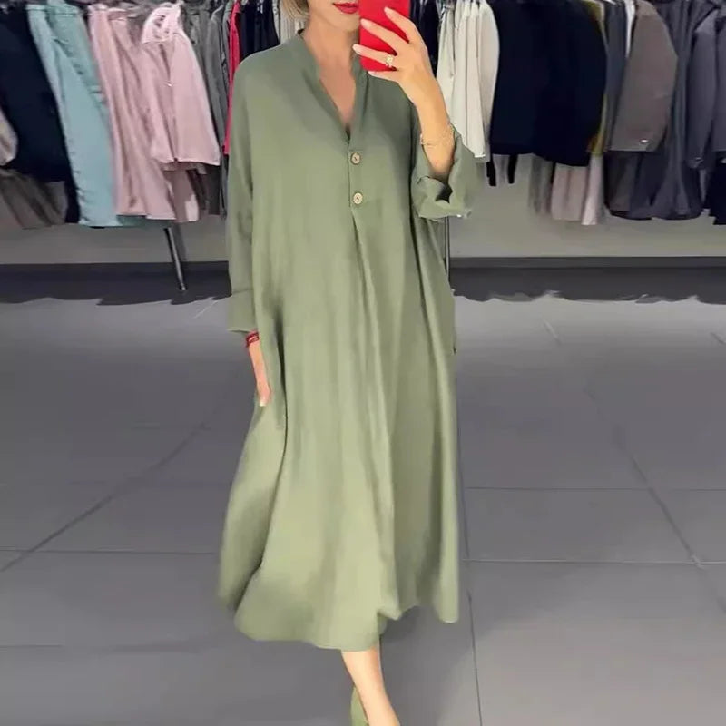 Spring Simple Casual Long Sleeve Loose Basic Dress Ladies Fashion Vestidos A-Line Long Party Dress Solid Color  For Women