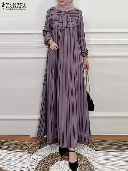 Long Dress Women Fashion Long Sleeve Stripe Sundress