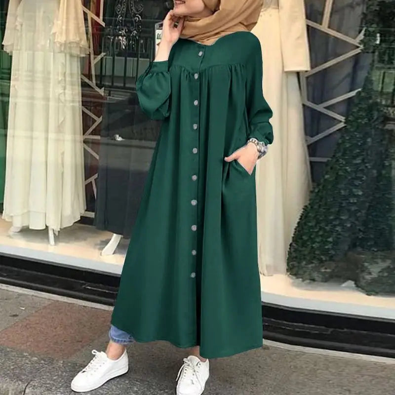 Women's Abaya Robe Abaya Modest Long Sleeve Round Neck Single Breasted Dresses  Casual Loose Long Dress