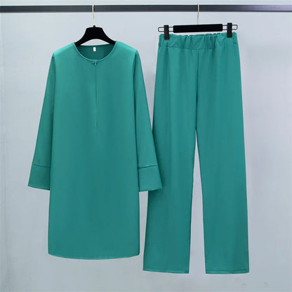 Two Pieces Suits  Clothing Long Chiffon Shirts Pullover Tops and Straight Pants Loose Trousers Women Sets