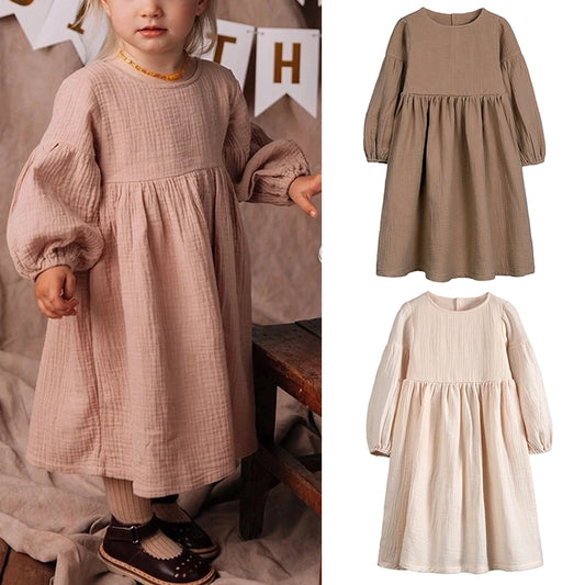 Autumn Children Dress For Girl Solid Long Sleeve Rural Princess Clothing Toddler Teen Casual Outdoor Wear