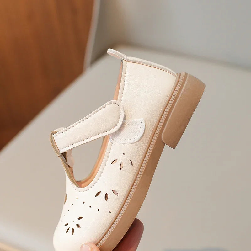 T-Strap Mary Jane Shoes for Baby Girls Children Hollow-Out Vintage Non-Slip Flats Princess Beige Brown Dress Shoe 21-30