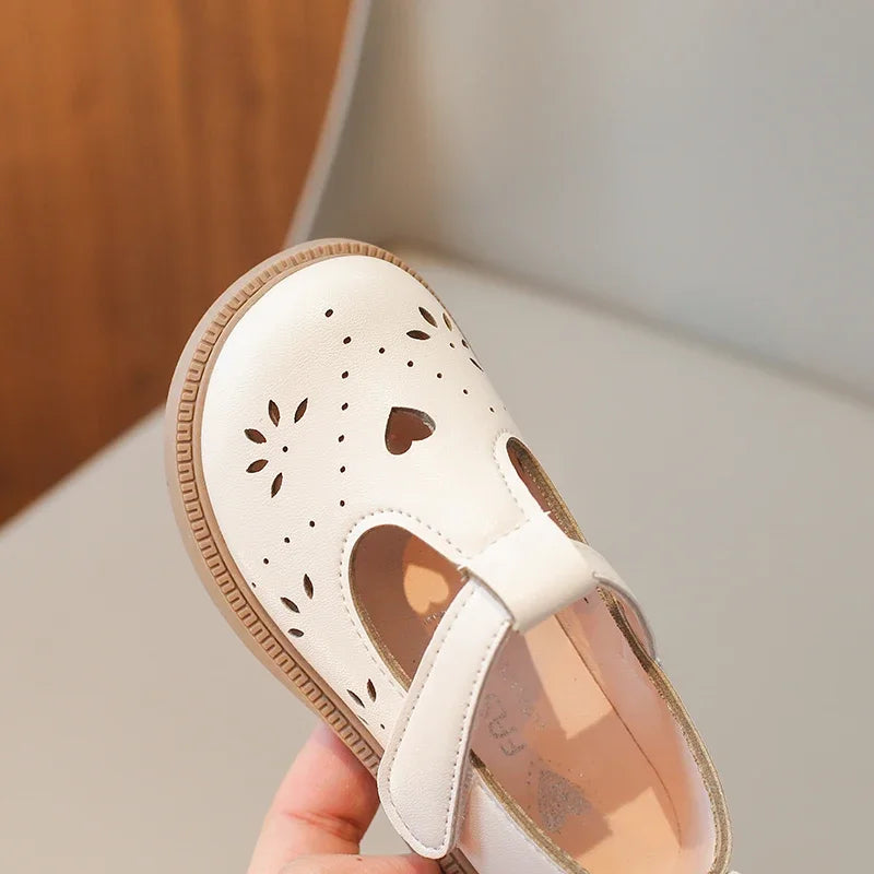 T-Strap Mary Jane Shoes for Baby Girls Children Hollow-Out Vintage Non-Slip Flats Princess Beige Brown Dress Shoe 21-30