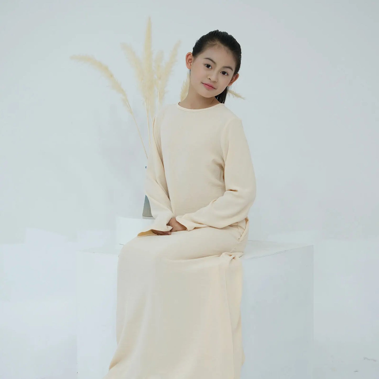 Children Long Sleeves Plain Color Dress  Round Neck Clothing Modest