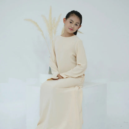 Children Long Sleeves Plain Color Dress  Round Neck Clothing Modest