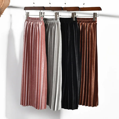 Girls Velvet Pleated Long Skirt Spring Autumn New Children's Cotton Casual Loose Elastic Waist Skirts