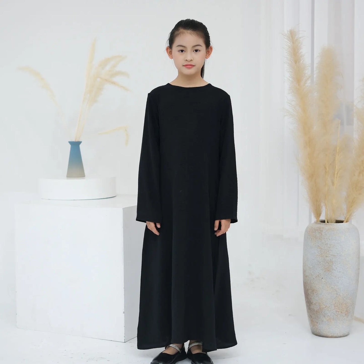 Children Long Sleeves Plain Color Dress  Round Neck Clothing Modest