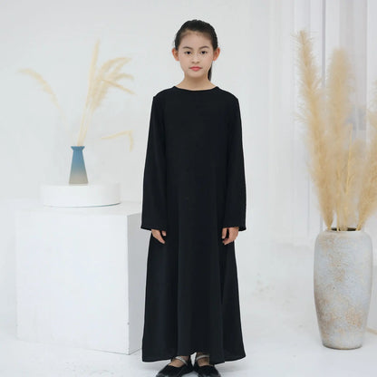 Children Long Sleeves Plain Color Dress  Round Neck Clothing Modest