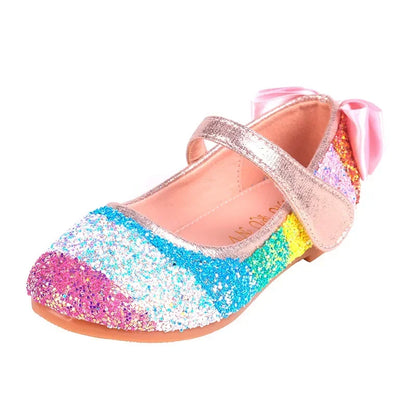 2024 New Girls Soft Sole Leather Shoes Rainbow Sequins Dress Princess Shoes Kids Shoe Mary Jane Shoe