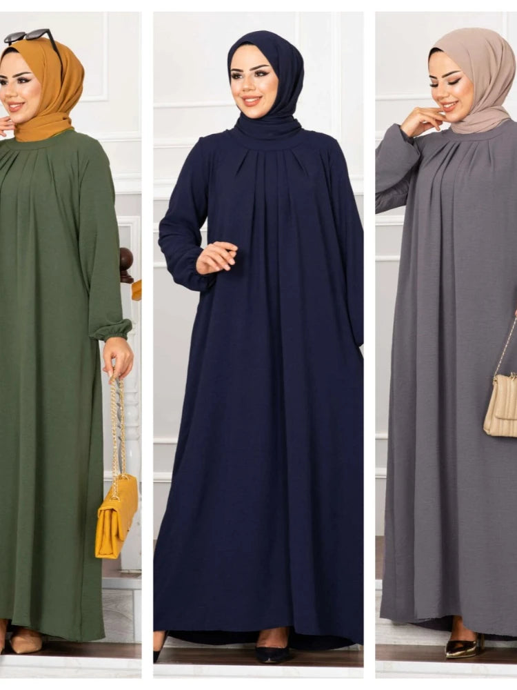 Women Morocco Pleated Party Dresses Dubai Kaftan   Long Robe Solid Abaya Modest wear