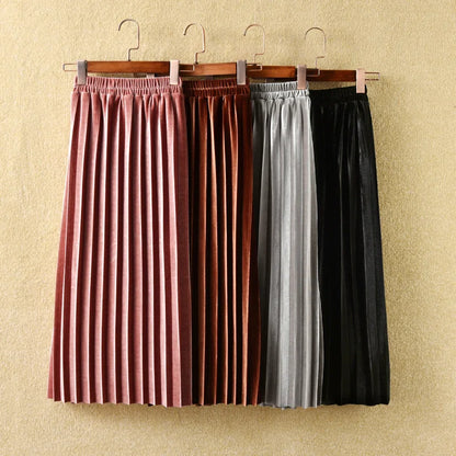 Girls Velvet Pleated Long Skirt Spring Autumn New Children's Cotton Casual Loose Elastic Waist Skirts