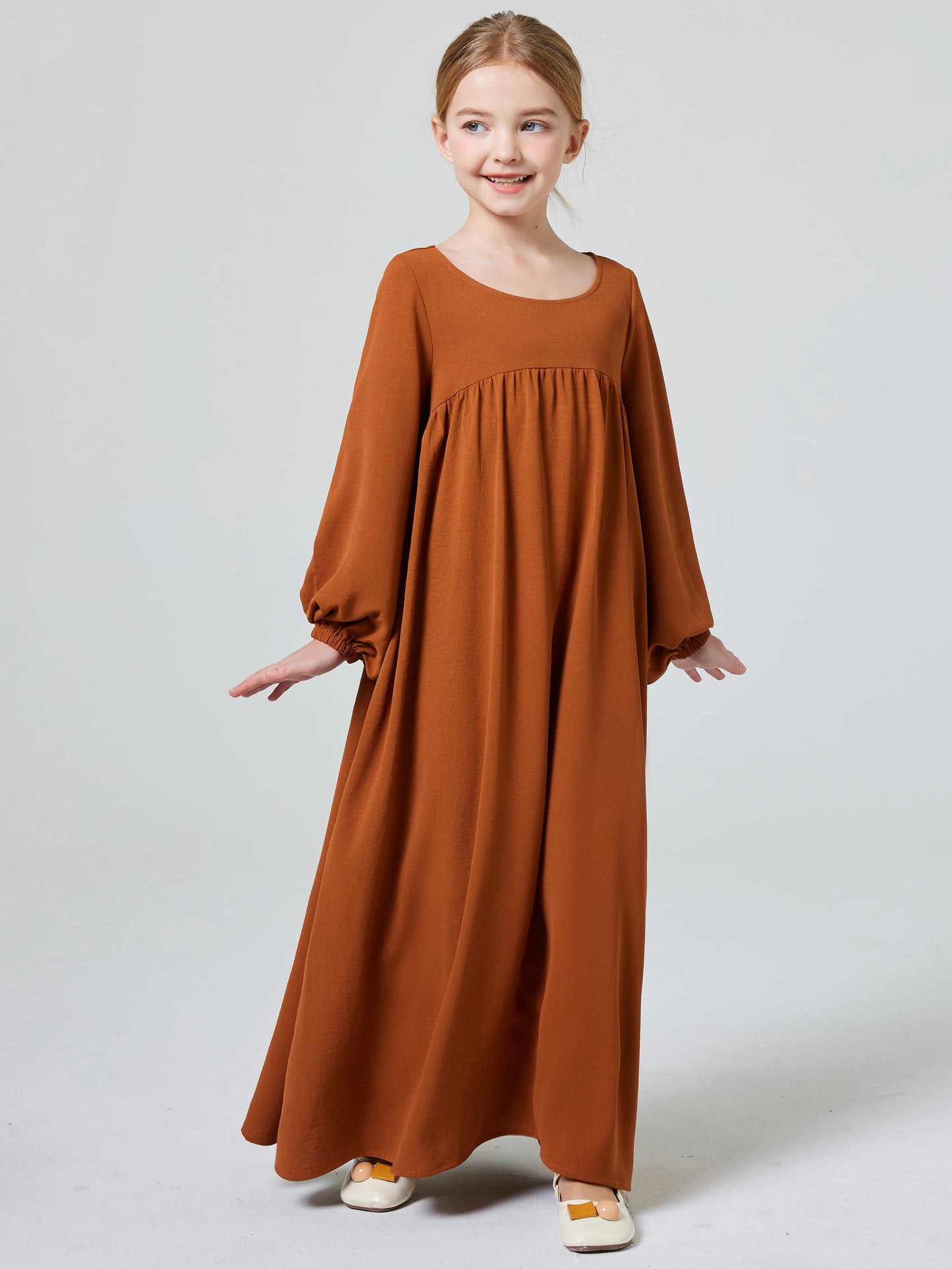 Kids modest Elegant Girl's Solid Crew Neck Long Sleeve  Dress