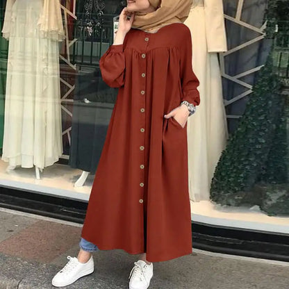 Women's Abaya Robe Abaya Modest Long Sleeve Round Neck Single Breasted Dresses  Casual Loose Long Dress