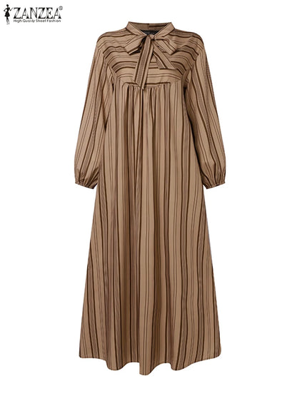 Long Dress Women Fashion Long Sleeve Stripe Sundress