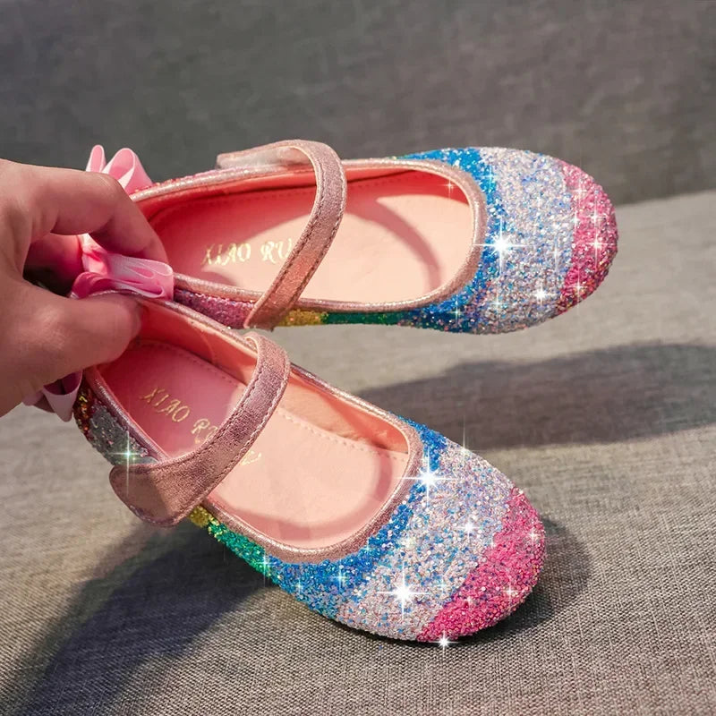 2024 New Girls Soft Sole Leather Shoes Rainbow Sequins Dress Princess Shoes Kids Shoe Mary Jane Shoe