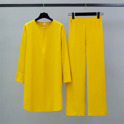 Two Pieces Suits  Clothing Long Chiffon Shirts Pullover Tops and Straight Pants Loose Trousers Women Sets