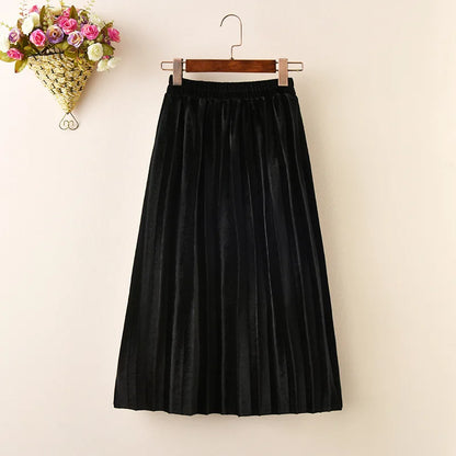 Girls Velvet Pleated Long Skirt Spring Autumn New Children's Cotton Casual Loose Elastic Waist Skirts