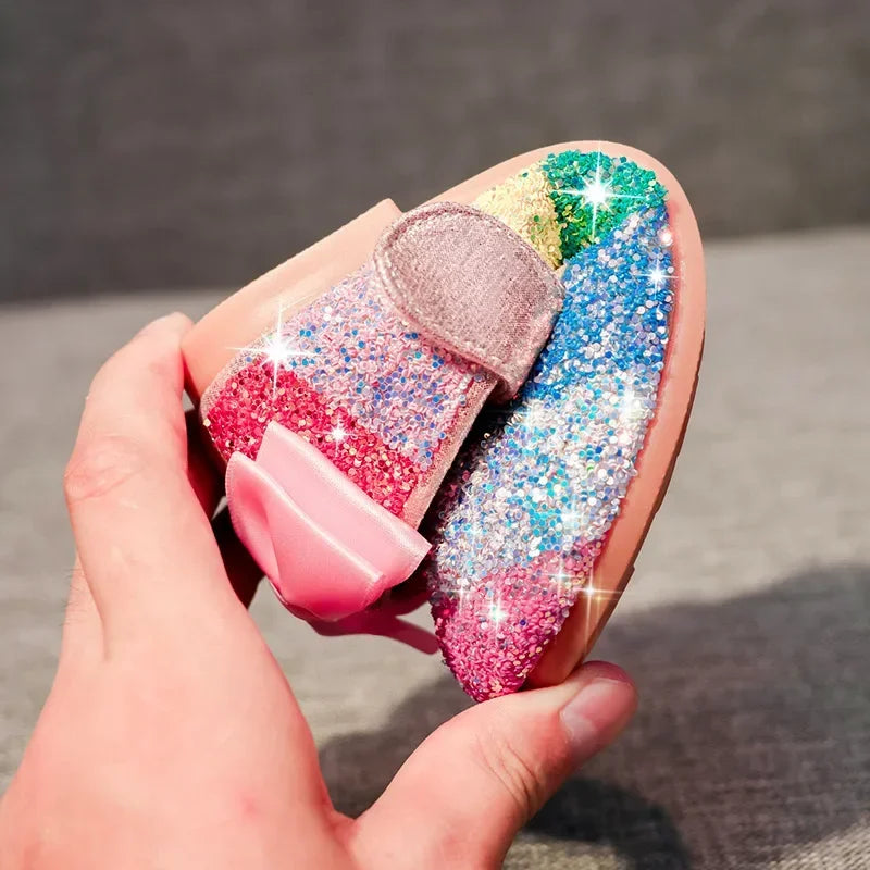 2024 New Girls Soft Sole Leather Shoes Rainbow Sequins Dress Princess Shoes Kids Shoe Mary Jane Shoe