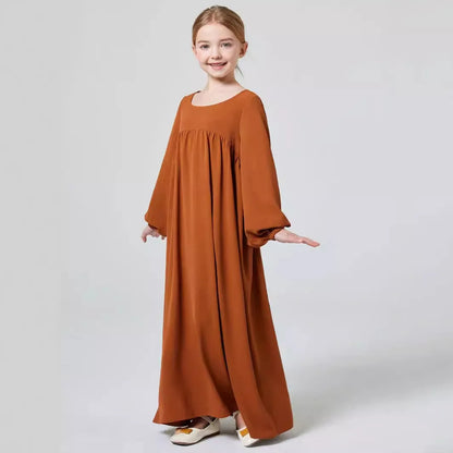 Kids modest Elegant Girl's Solid Crew Neck Long Sleeve  Dress